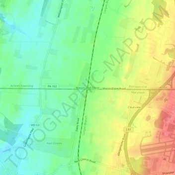 Topografisk kart Mason and Dixon, høyde, relieff