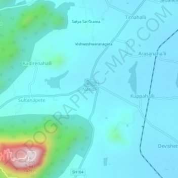 Topografisk kart Nandi, høyde, relieff