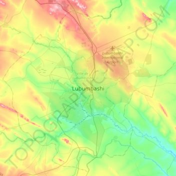 Topografisk kart Lubumbashi, høyde, relieff