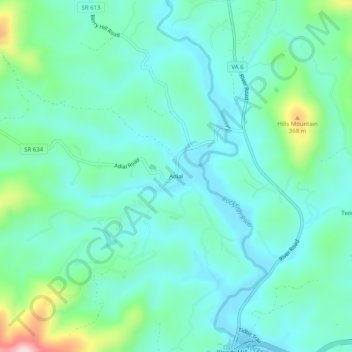 Topografisk kart Adial, høyde, relieff