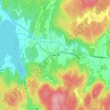 Topografisk kart Svinndal, høyde, relieff