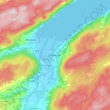 Topografisk kart Orkanger, høyde, relieff