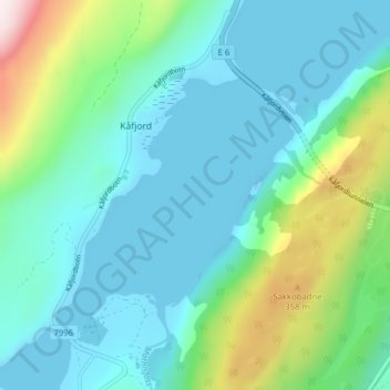 Topografisk kart Kåfjorden, høyde, relieff