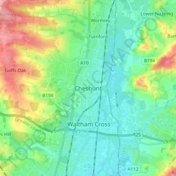 Topografisk kart Cheshunt, høyde, relieff
