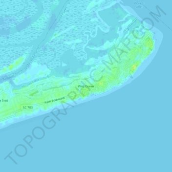 Topografisk kart Wild Dunes, høyde, relieff