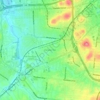 Topografisk kart Cherokee Park, høyde, relieff