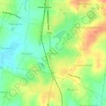 Topografisk kart Kolipura, høyde, relieff