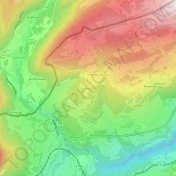 Topografisk kart Le Bugnon, høyde, relieff