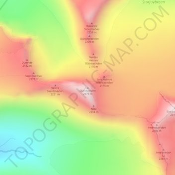 Topografisk kart Skardstinden, høyde, relieff