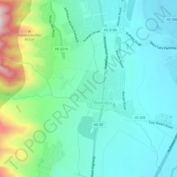 Topografisk kart Waikapu, høyde, relieff