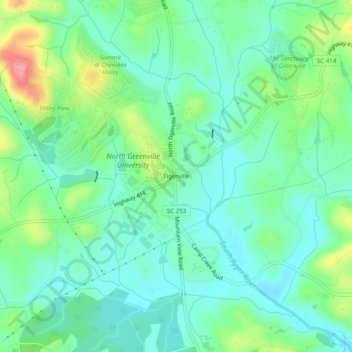 Topografisk kart Tigerville, høyde, relieff