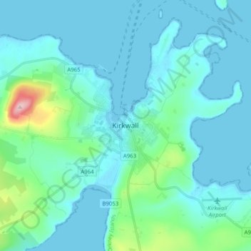 Topografisk kart Kirkwall, høyde, relieff
