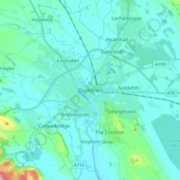 Topografisk kart Dumfries, høyde, relieff
