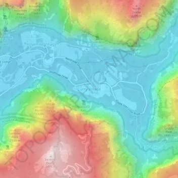 Topografisk kart Curry Village, høyde, relieff