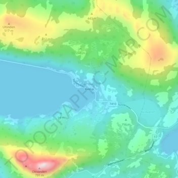 Topografisk kart Kvina, høyde, relieff