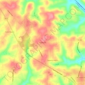 Topografisk kart Northvue, høyde, relieff