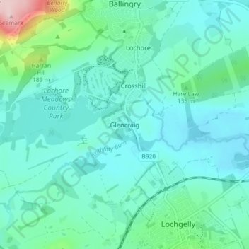 Topografisk kart Glencraig, høyde, relieff