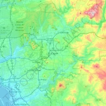 Topografisk kart El Cajon, høyde, relieff