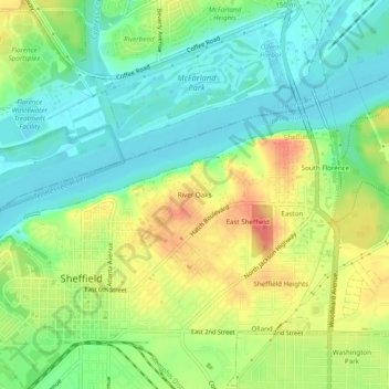 Topografisk kart River Oaks, høyde, relieff