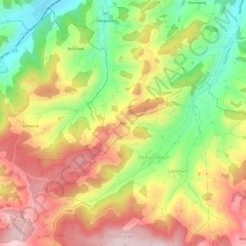 Topografisk kart Aspi, høyde, relieff