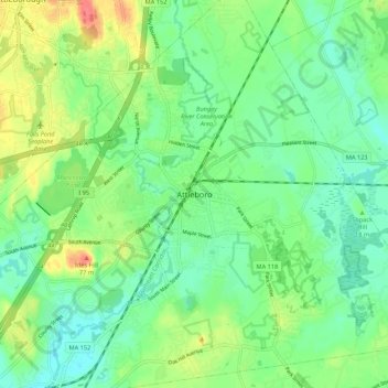 Topografisk kart Attleboro, høyde, relieff