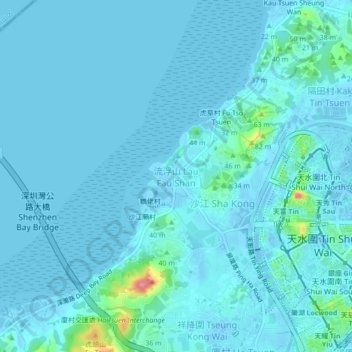 Topografisk kart Lau Fau Shan, høyde, relieff