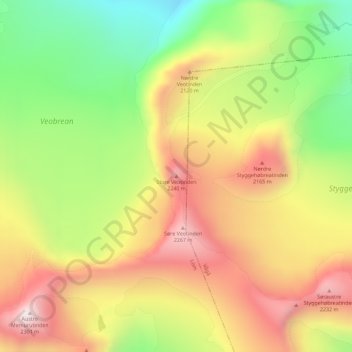 Topografisk kart Store Veotinden, høyde, relieff