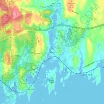 Topografisk kart Mystic, høyde, relieff