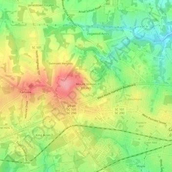 Topografisk kart Mount Vernon Estates, høyde, relieff