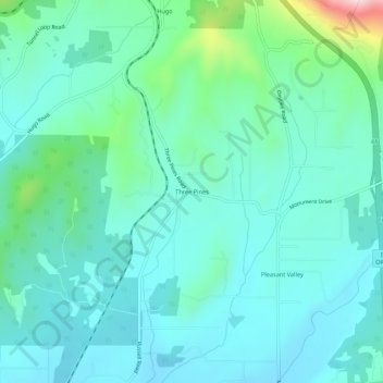 Topografisk kart Three Pines, høyde, relieff