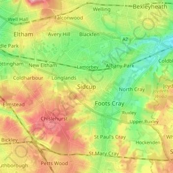 Topografisk kart Sidcup, høyde, relieff