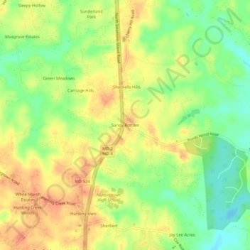 Topografisk kart Sandy Bottom, høyde, relieff