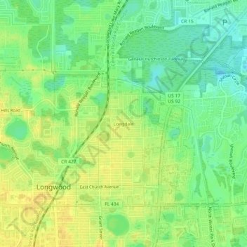 Topografisk kart Longdale, høyde, relieff