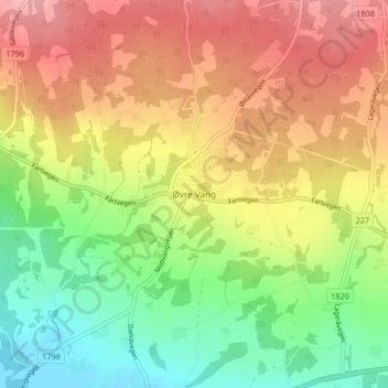 Topografisk kart Øvre Vang, høyde, relieff