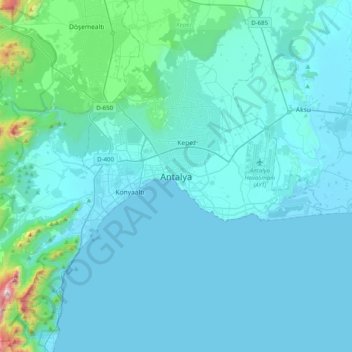 Topografisk kart Antalya, høyde, relieff
