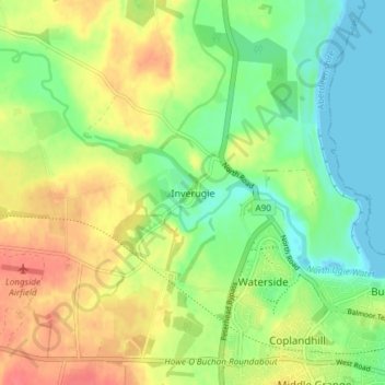 Topografisk kart Inverugie, høyde, relieff