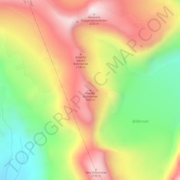 Topografisk kart Nørdre Blåbreahøe, høyde, relieff