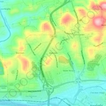Topografisk kart Midfields, høyde, relieff