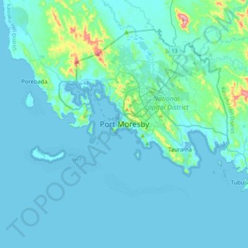 Topografisk kart Port Moresby, høyde, relieff