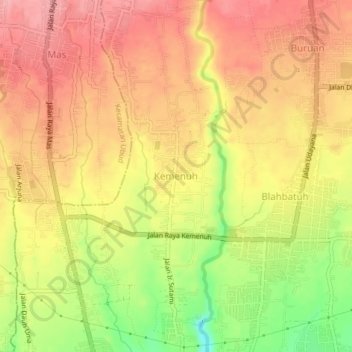 Topografisk kart Kemenuh, høyde, relieff