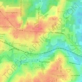 Topografisk kart Bellwood, høyde, relieff