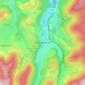 Topografisk kart Siedlinghausen, høyde, relieff