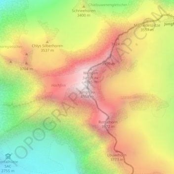 Topografisk kart Jungfrau, høyde, relieff