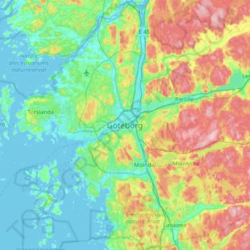 Topografisk kart Göteborg, høyde, relieff