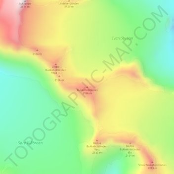 Topografisk kart Bukkeholstindan, høyde, relieff