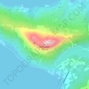 Topografisk kart Okstinden, høyde, relieff