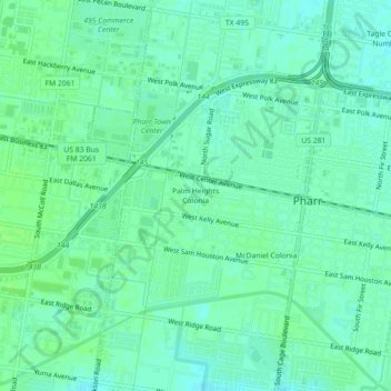 Topografisk kart Palm Heights Colonia, høyde, relieff