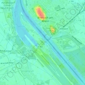Topografisk kart Île du Rhin, høyde, relieff