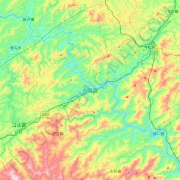 Topografisk kart Jianhe, høyde, relieff
