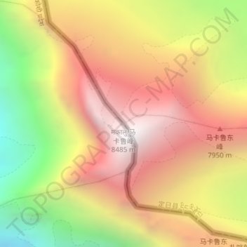 Topografisk kart मकालु 马卡鲁山 Makalu, høyde, relieff